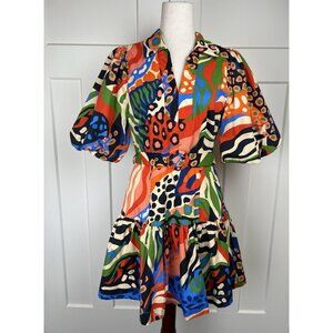 NWT Ciebon Vibrant Abstract Print Cotton Dress Puff Sleeve Belted Tiered Lined S